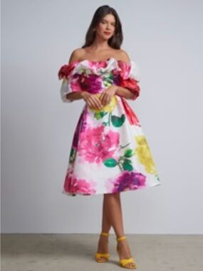 New York & Company Off-Shoulder Floral Midi Dress in White, Pink, Yellow, Green